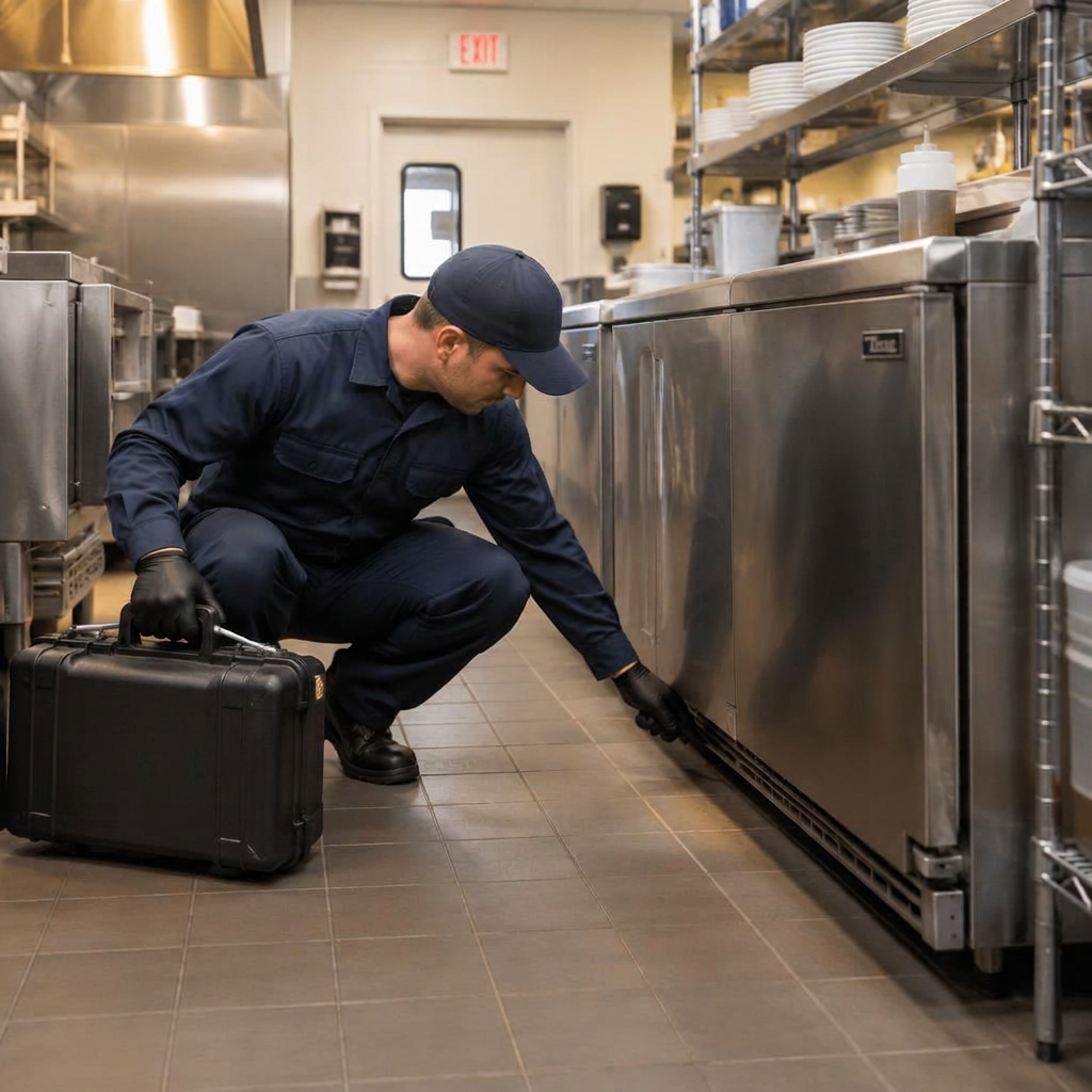 A pest control technician inspecting behind the kitchen equipment of a commercial business