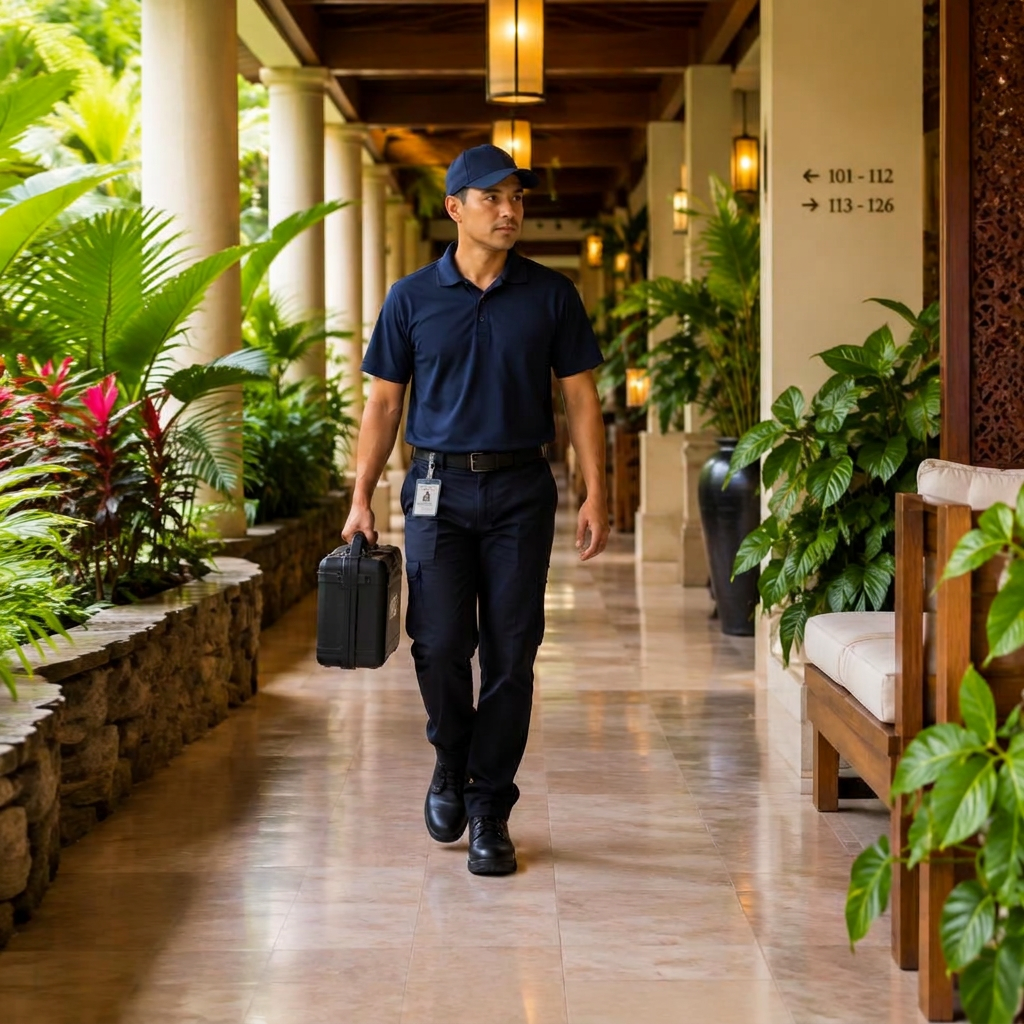 A pest control technician walking discreetly through a tropical resort corridor with his equipment case
